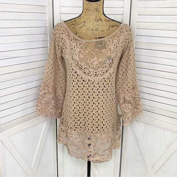 Kori Crochet Lace Hems Bell Sleeve Tunic Top Mocha Tan Small Boho Cottagecore - Picture 1 of 14